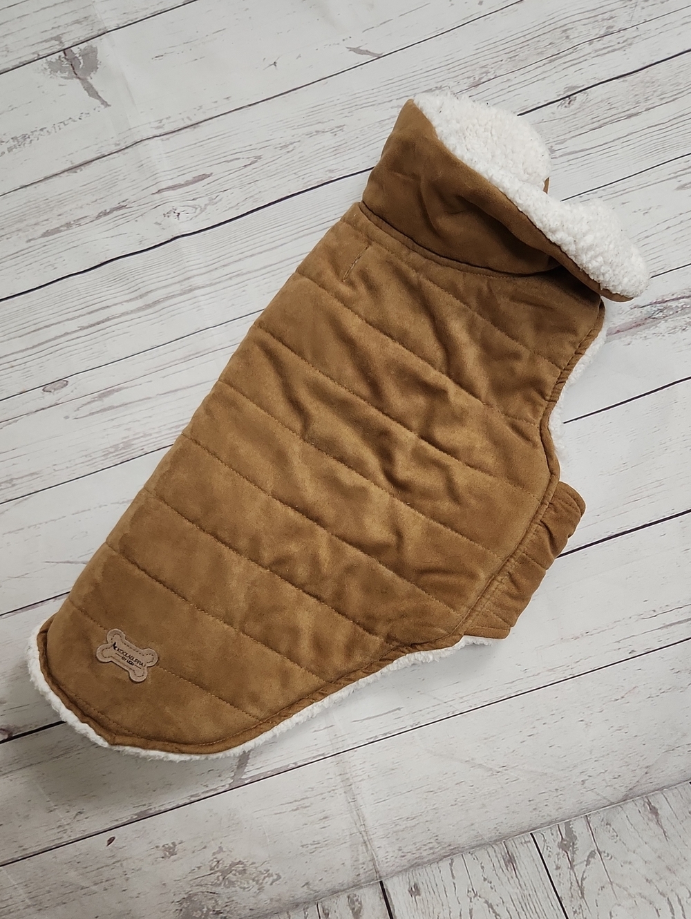 Koolaburra Tan Quilted Dog Coat with White Sherpa Trim